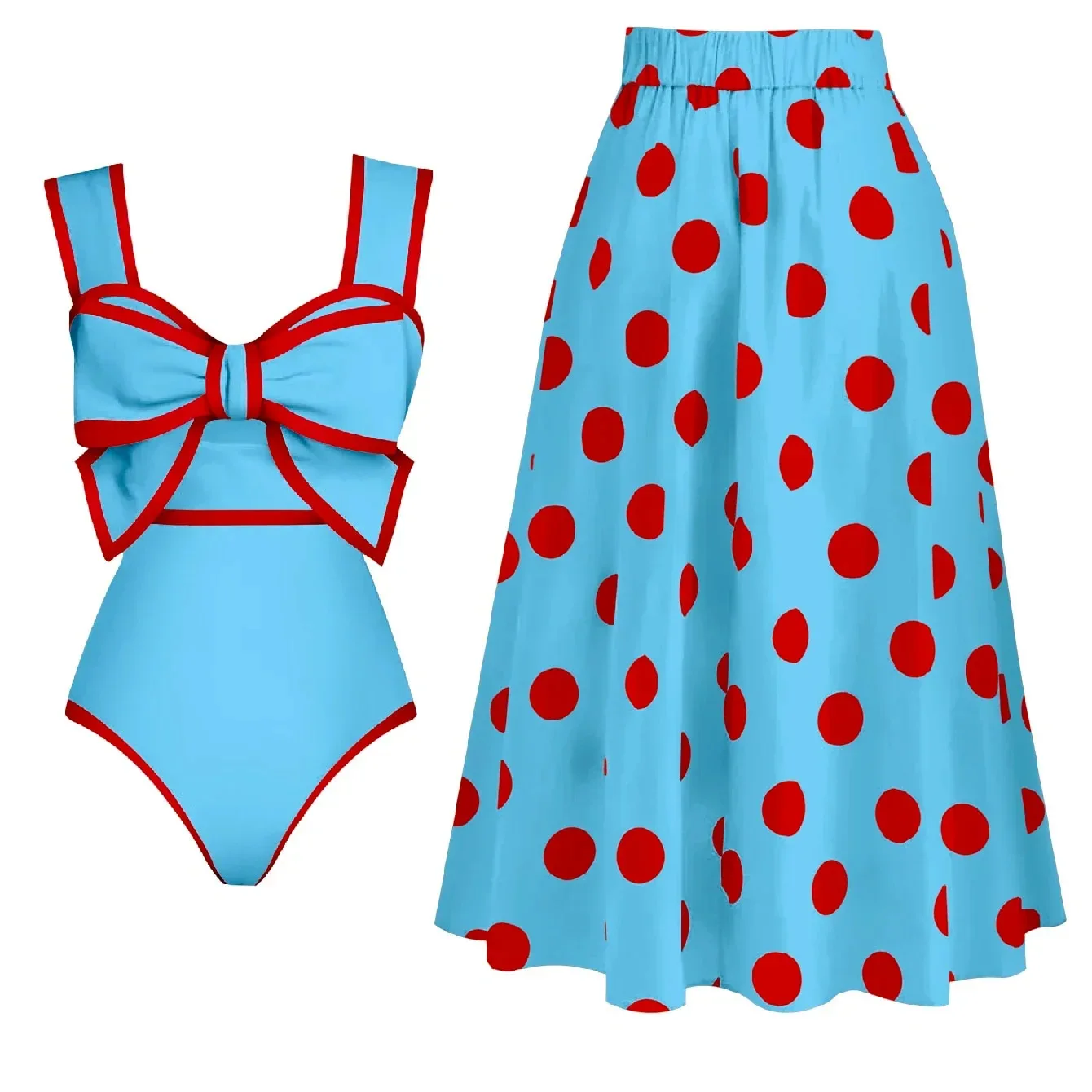 

2024 Sexy 3D Flower Bikini Set Swimwear Skirt Women Vintage Blue Polka Dots Swimsuit Beachwear Skirt Summer Bathing Suit Dress