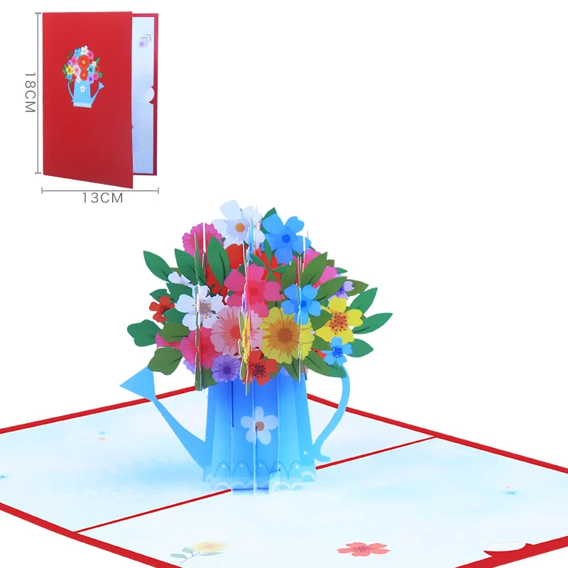 10pcs Handmade Watering Can Vase Flower 3D Pop UP Greeting Invitation Card For Wish Thanks Christmas Wedding Birthday Party Gift