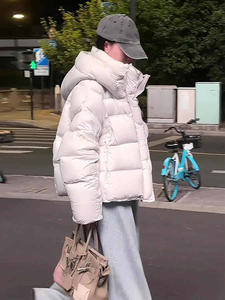 여성용 오트 화이트 다운 재킷 후드 스트링 따뜻한 패셔너블 겨울 코트 출퇴근용 탈부착 가능한 후드