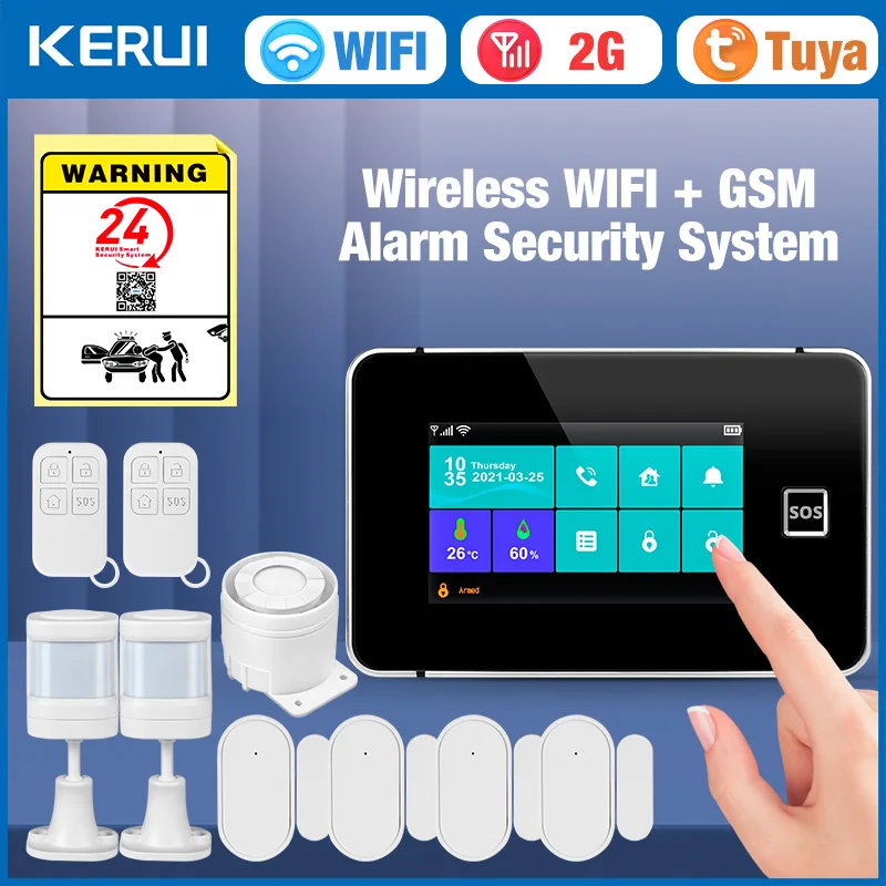 

Домашняя сигнализация KERUI 2G/WiFi с 4,3-дюймовым сенсорным экраном, беспроводная сигнализация с температурой и влажностью, приложение в реальном времени, нажимная сигнализация Tuya