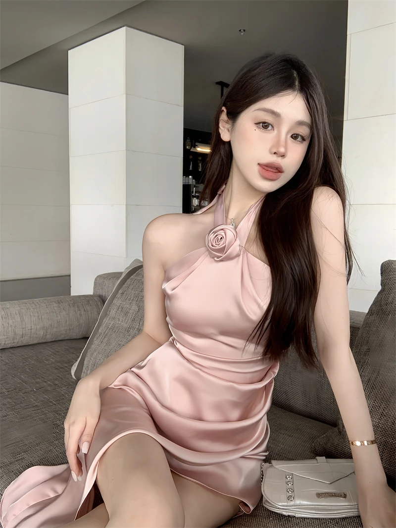 Sexy Backless Rose Flower Sleeveless Off Shoulder Female Clothing Elegant Party Sweet Casual Woman Satin Pink Mini Dress Summer