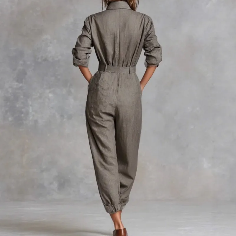 Spring Autumn Casual Commuting Women's Jumpsuit Fashionable Solid Color Half-cardecked Long Sleeve High Waist Jumpsuit (No Belt)