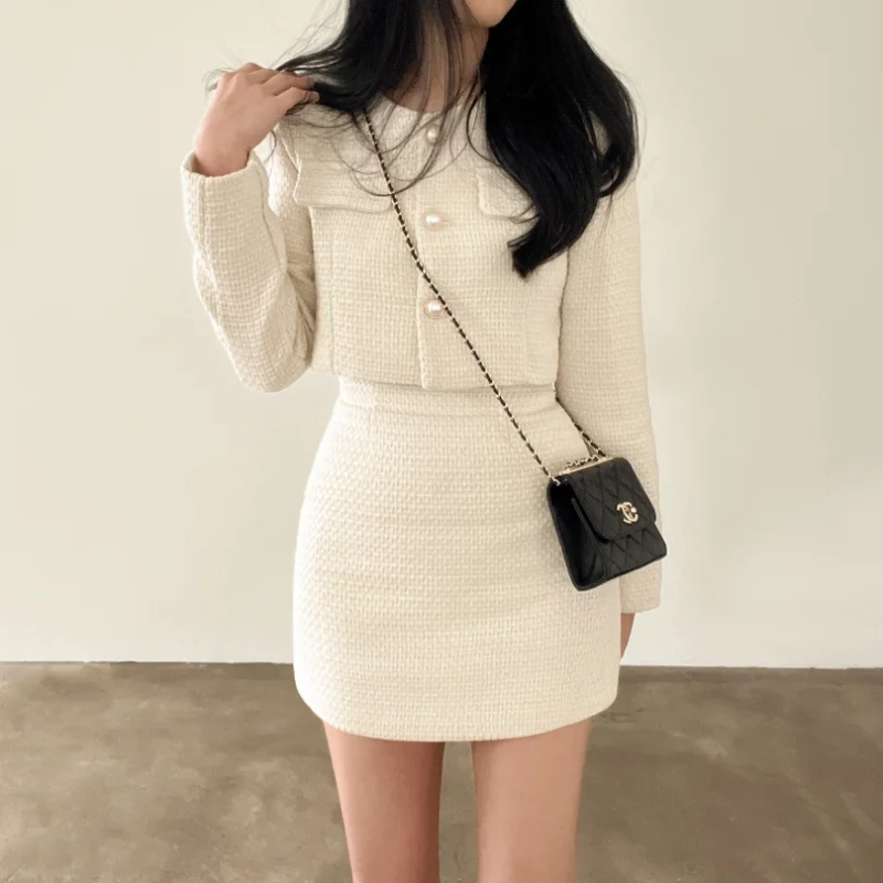 2023 Autumn Single Breasted Tweed Jackets Women Coat High Waist Mini Skirt 2 Piece Sets Spring Outfit Elegant Luxury Office Suit