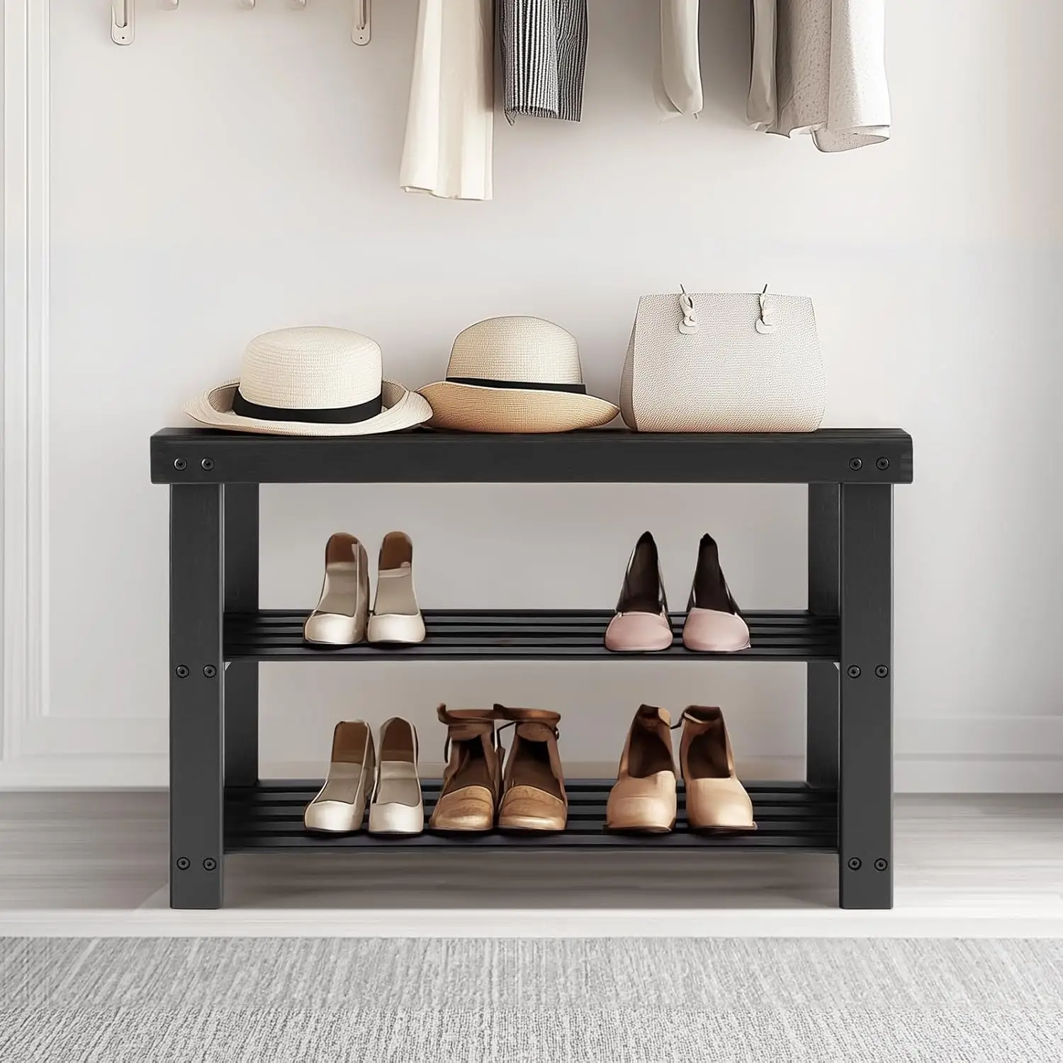 Panca per scarpiera in bambù a 3 livelli, supporto per organizer per ingresso per porta d'ingresso, camera da letto, soggiorno, nero