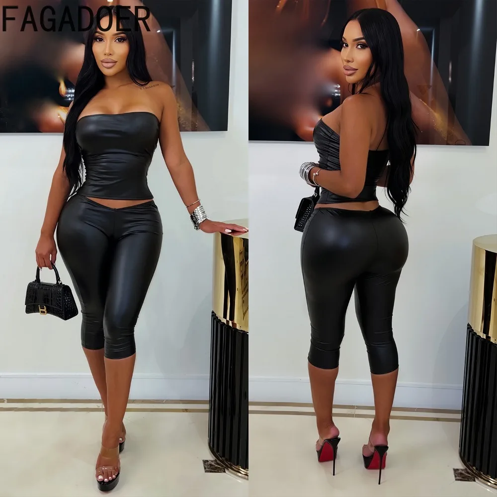 FAGADOER Women PU Leather 2 Piece Set Strapless Bodycon Top Skinny Capri Pants Night Out Streetwear Outfit