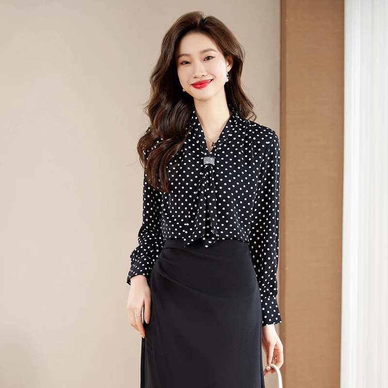 NAVIU Black Dot V Neck Shirt Women Spring New Fashion Temperament Chiffon Design Bow Formal Blouses Office Ladies Work Tops