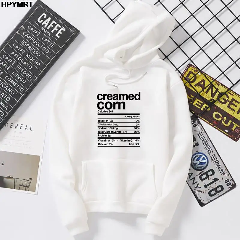 

Women's Autumn and Winter Casual Sweatshirt food Nutrition Ingredient list prints pocket Long Sleeve Hooded letter Graphics Tops