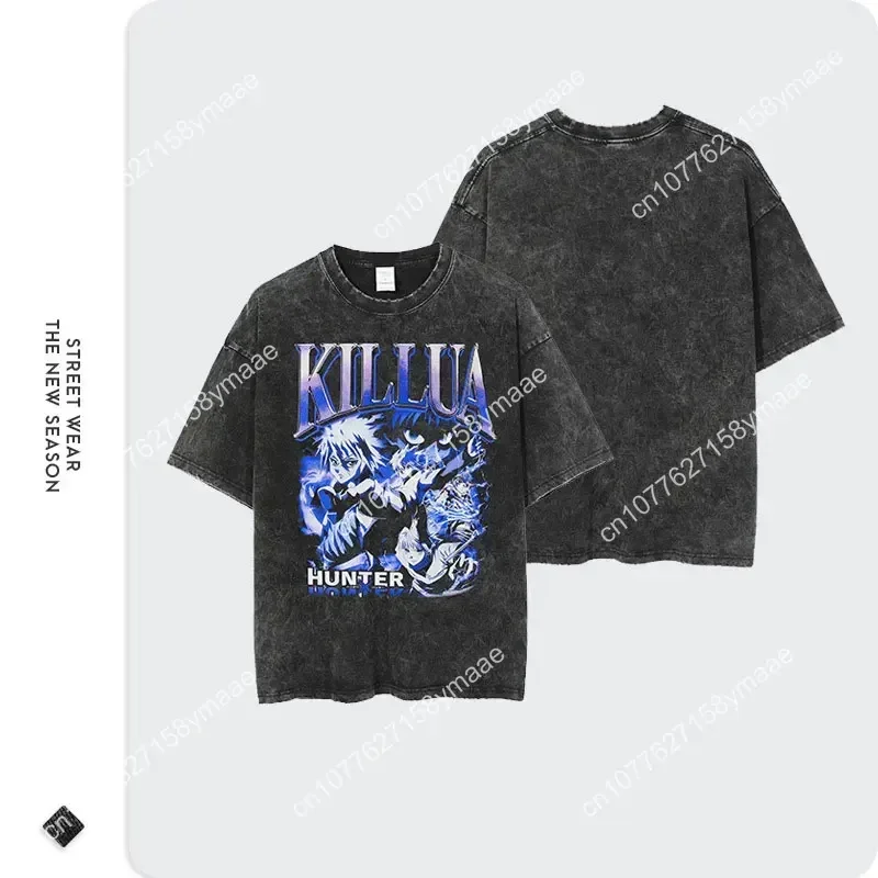 Killua Zoldyck T-shirts Men Streewear Vintage Washed Anime T Shirt Short Sleeve Harajuku Manga Phantom Troupe Tops Tees Cotton