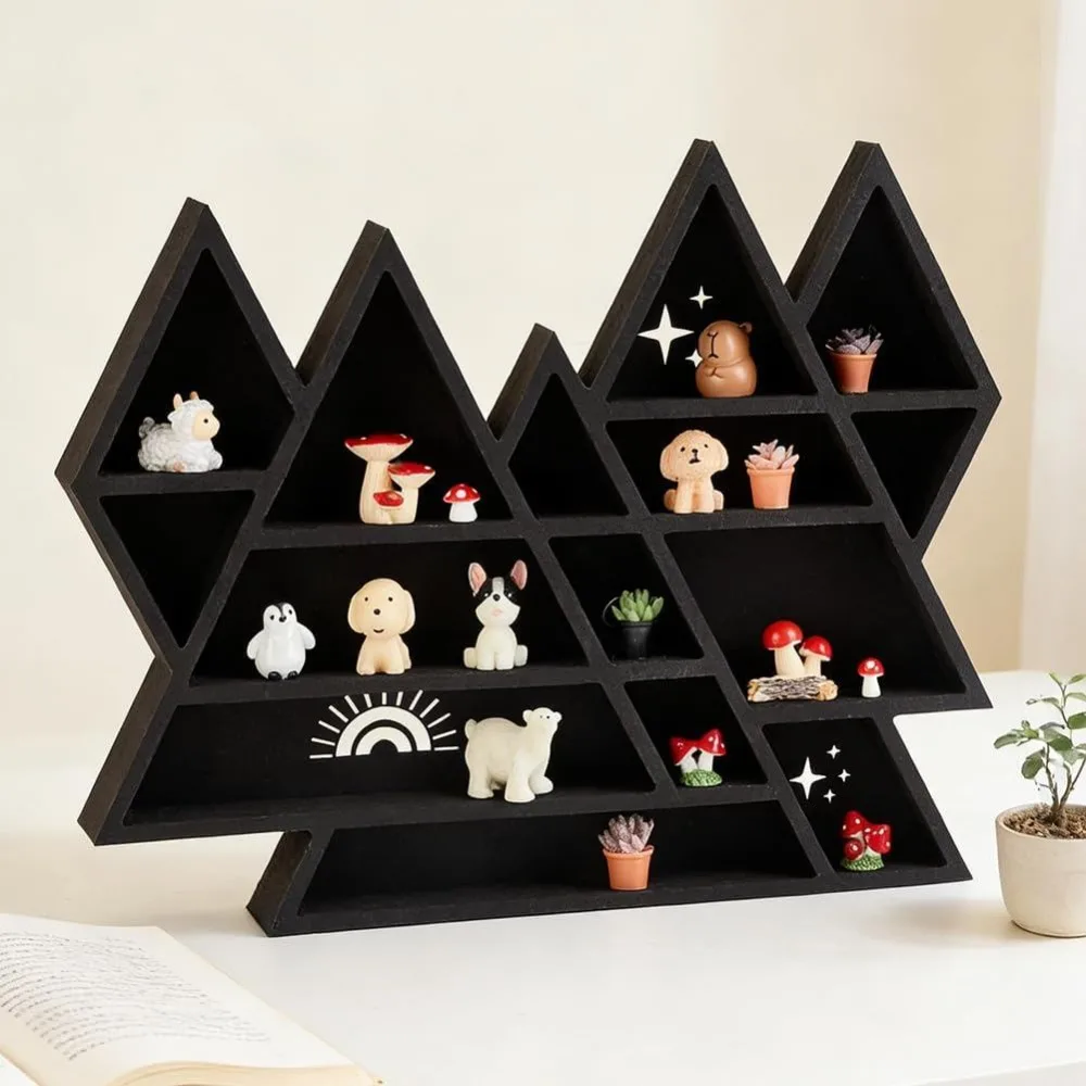 Wall Mounted Display Shelf Triangle Mountain Shaped Display Shelf Wooden Gothic Wall Shelfs for Trinkets Knick Knacks Art