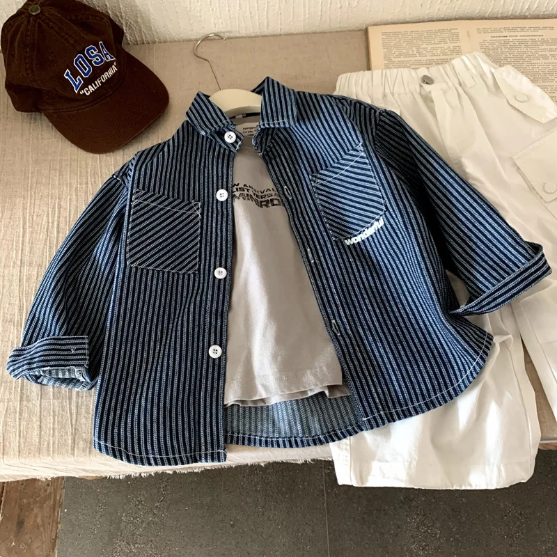

Рубашка для мальчиков, весна 2024, осень, модные красивые крутые повседневные рубашки с длинными рукавами в синюю полоску с буквенным принтом