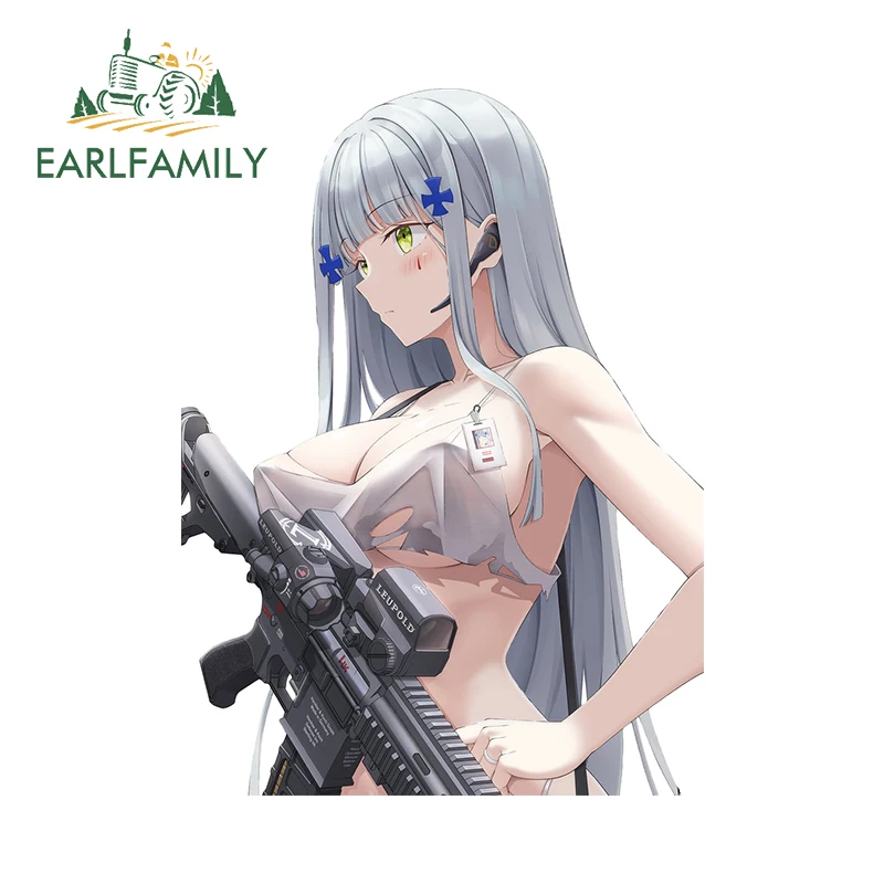 EARLFAMILY 13cm x 9.6cm Sexy Gun Loli Peek Car Sticker NSFW Tattered Bra Anime Helmet Decal Fashion Caravan Racing Accessories