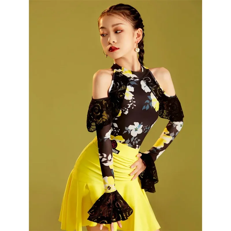 Girls Printing Latin Dance Dress Practice Set Summer Standard Art Test Split Dance Skirt Suit Performance Competition Dance Wear