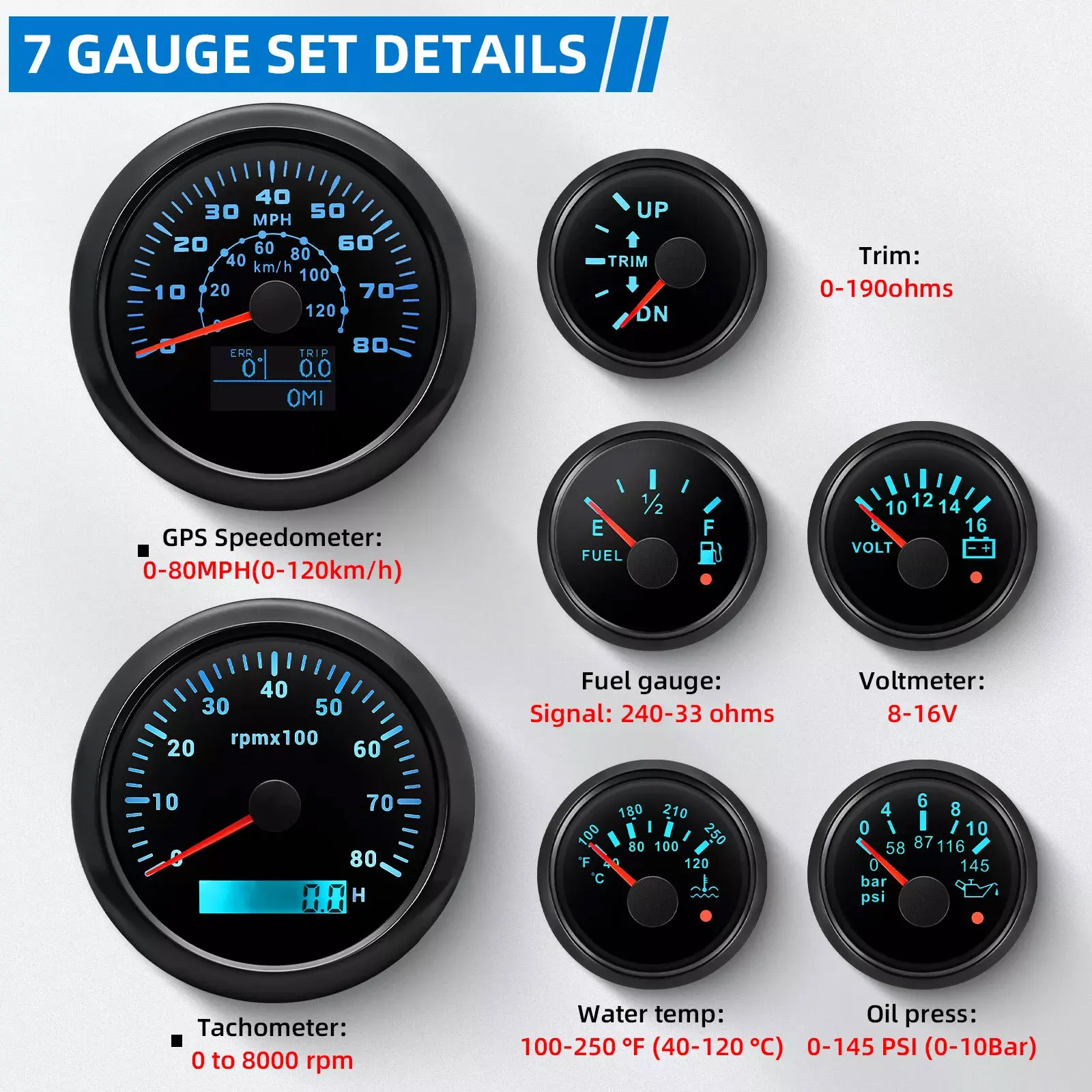 7 Gauge Set 85mm GPS Speedometer 80MPH 120KMH Tacho 8000RPM Fuel Level Oil Pressure Water Temp Volt Trim Gauge With Sensor