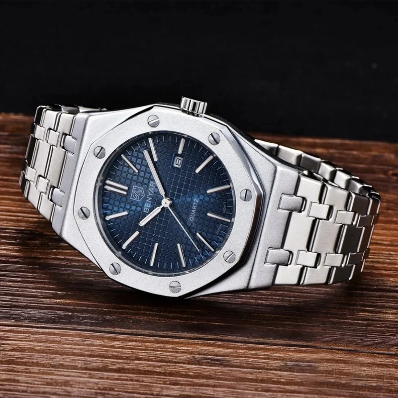 BENYAR BY-5156 Luxury Business Men Watch Octagonal Case Stainless Steel Strap Grid Blue Dial Date Wristwatch
