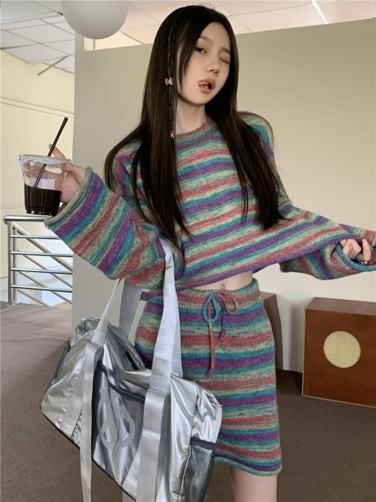 

Vintage Elegant Striped Sweater Mujer Autumn Winter New Knitted Top for Women 2025 High Waist Short Skirt Two-piece Set