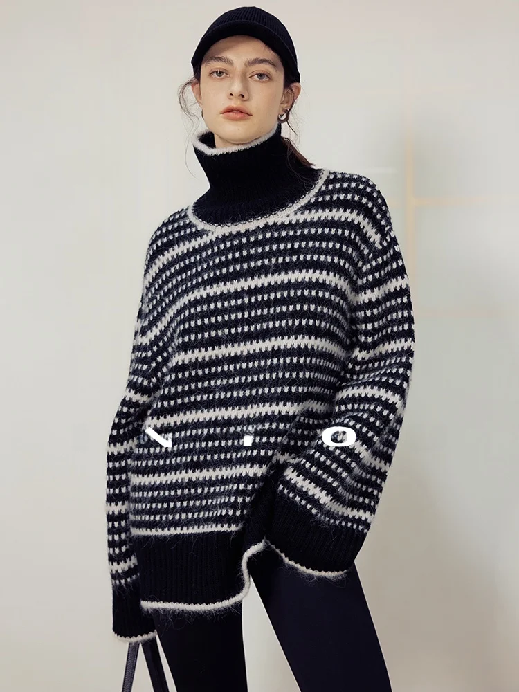 

Женский вязаный свитер в скандинавском ретро-стиле с высоким воротником и длинными рукавами, теплый, повседневный, свободного кроя, из мягкой смеси полиэстера, нейлона и шерсти