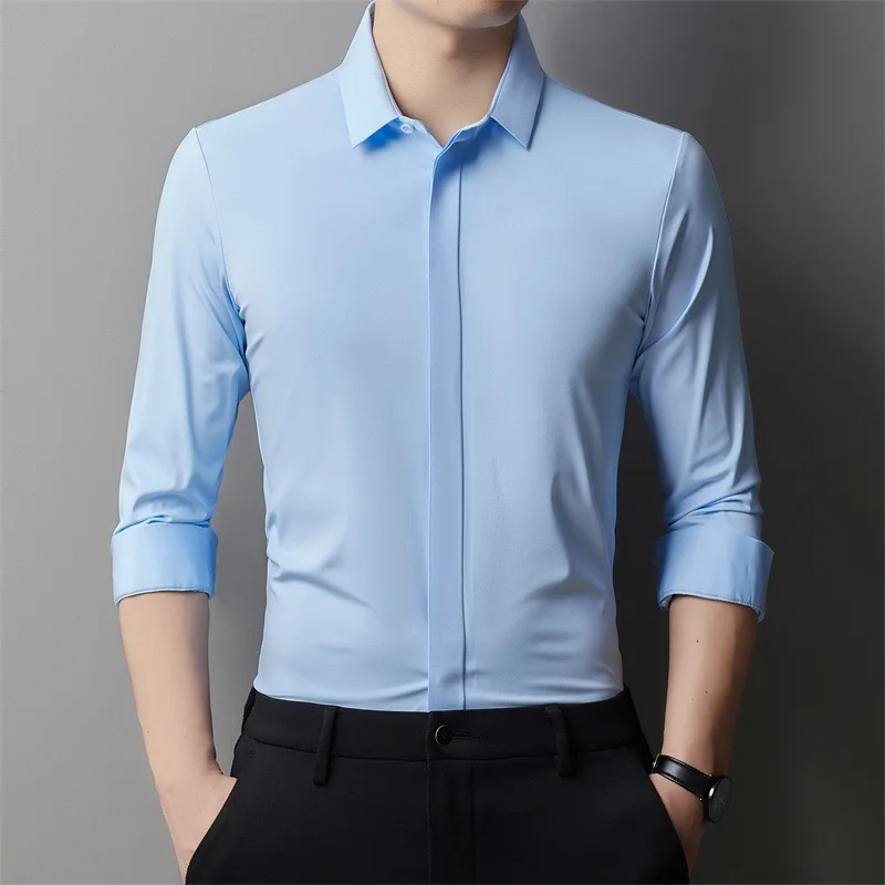 High-grade hidden button men\'s light luxury high elastic seamless long sleeve shirt business casual non-ironing anti-wrinkle