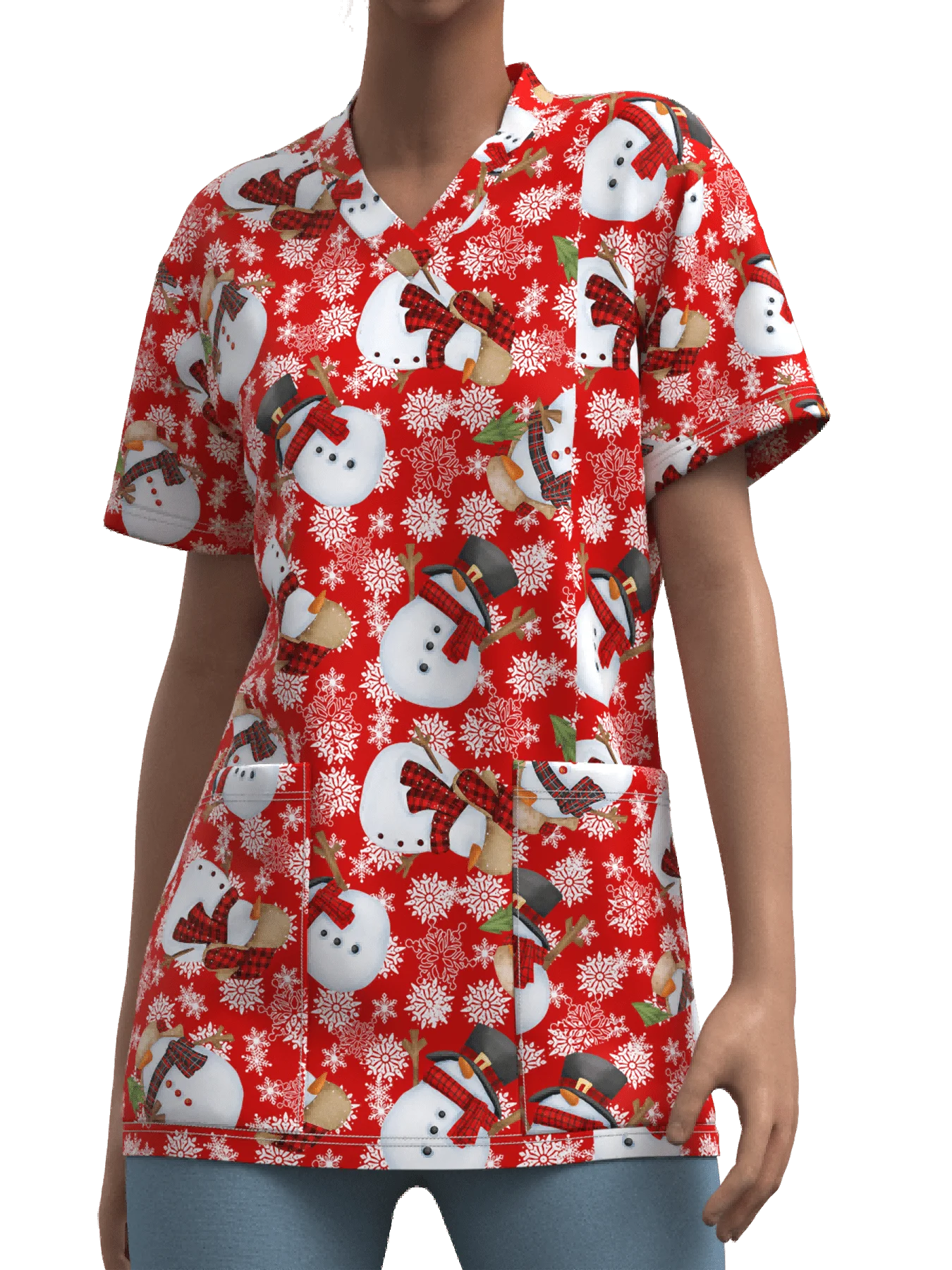 Sanitary Uniform Woman Cute Snowman Prints V-Neck Short Sleeve Pockets in Micro-Elastic Material Tops Clinical Uniforms Woman