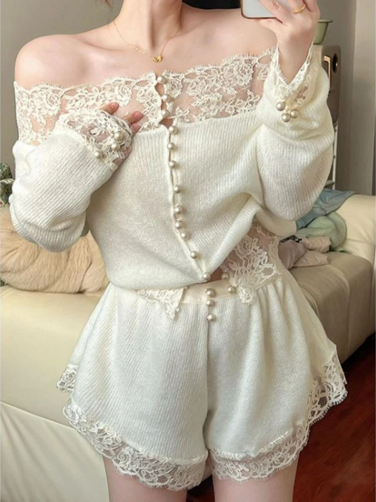 

Autumn Vintage Lace Patchwork Knitted Tops Women+ High Waist Loose Wide Leg Shorts for Women 2025 New Two Piece Sets