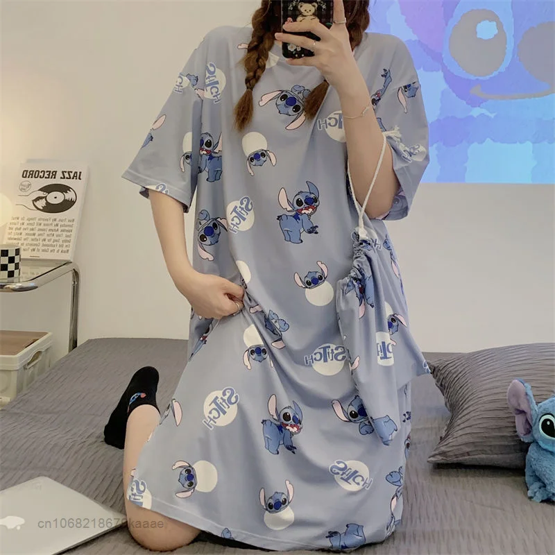 Disney Cartoon Stitch Summer Home Clothes Women Short Sleeve T-shirt Dress One Piece Y2k Sleepwear Cute Pajamas Female Clothing