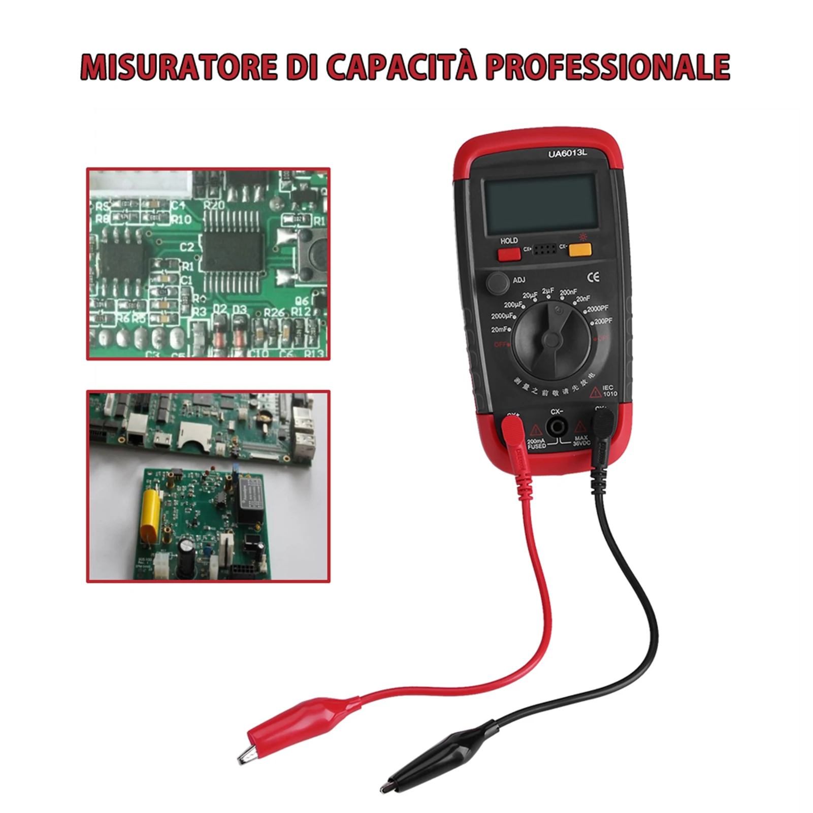 Tester per condensatori Capacitan alimentato a batteria digitale UYIGAO 6013L Display LCD