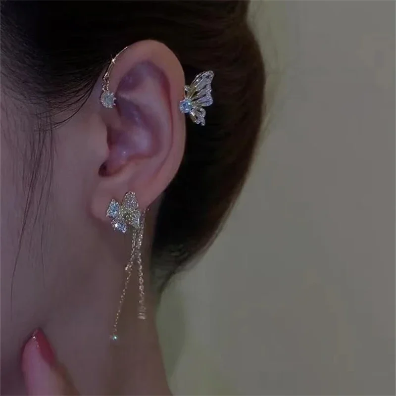 Korean Sparkling Zircon Flower Butterfly Ear Cuff Without Piercing Tassel Clip Earrings for Women Simple Ear Clip Fine Jewelry