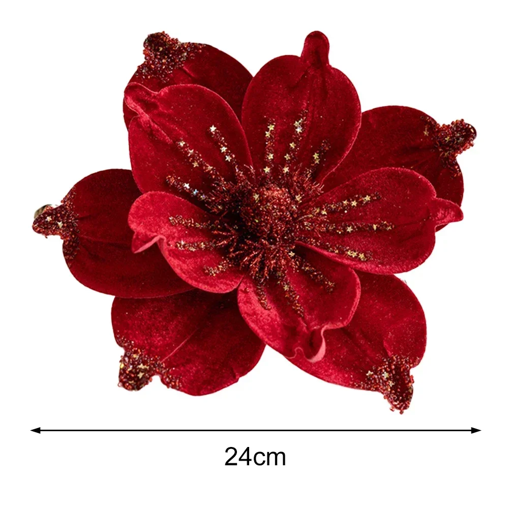 24cm Large Glitter Christmas Flowers Artificial Magnolia Flower Ornament Floral Xmas Tree New Year Party Wedding Decorations