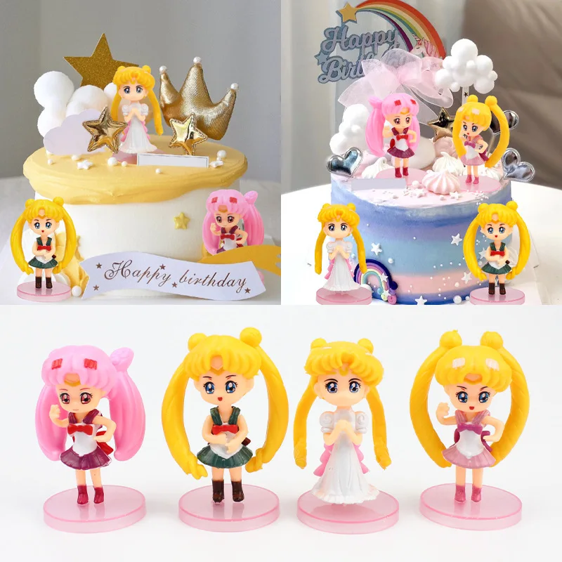 

4pcs Sailor Moon Cake Topper Decorating Cute Kawaii Pvc Dolls Birthday Party Ornament Figure Baking Supplies Kids Girls Toy Gift