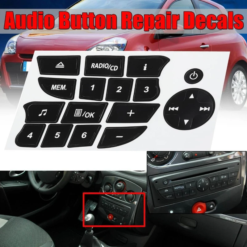 

Car Button Repair Stickers Black Audio Button Repair Decal Stickers Accessories for Twingo for Renault Clio and Megane 2009-2011