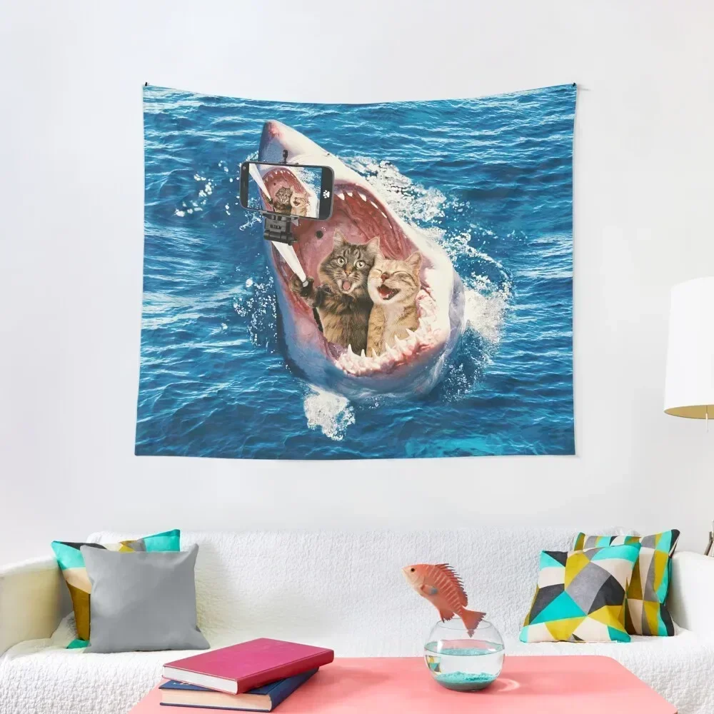 Cat Selfie - Selfie in the Great White Shark Jaw Tapestry Aesthetics For Room Decorations For Room Tapestry