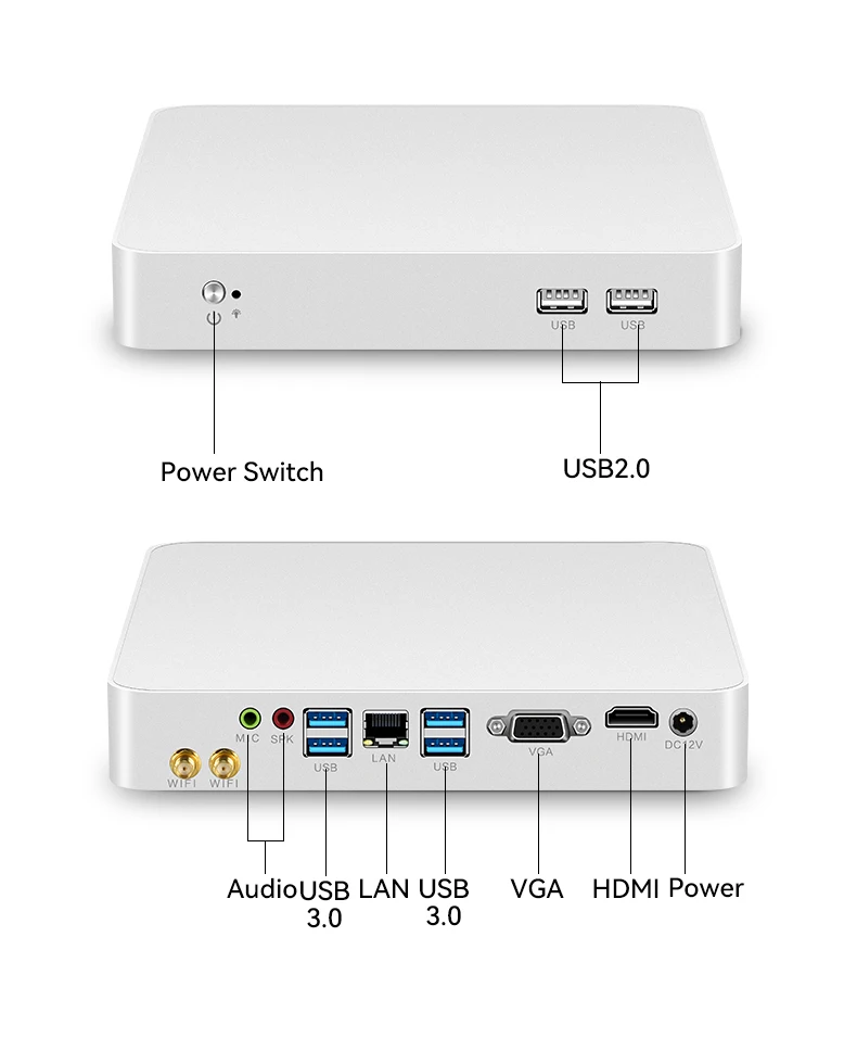 คอมพิวเตอร์ขนาดเล็กตั้งโต๊ะพร้อมอินเตอร์ N100 DDR4 M.2 NVMe Windows10 Linux WIFI 1 * Gigabit LAN 6 * USB HDMI VGA Office