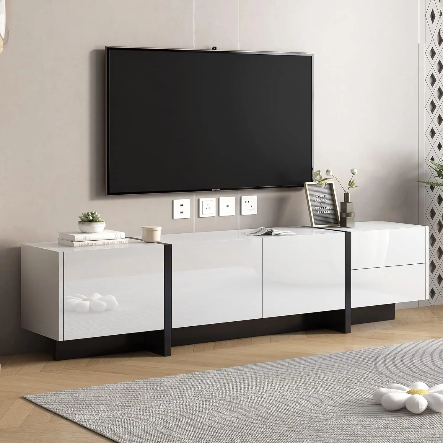 Televisione fino a 80", consolle in stile unico, mobile portaoggetti moderno con superficie UV lucida per soggiorno, bianco