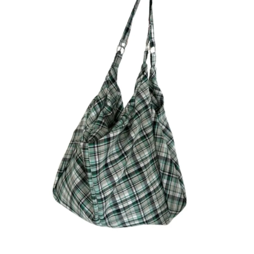 

Retro Plaid Tote Bag Plaid Colorful Canvas Underarm Bag Dumpling Pleated Non-Adjustable Strap Single-shoulder Bag Commuting