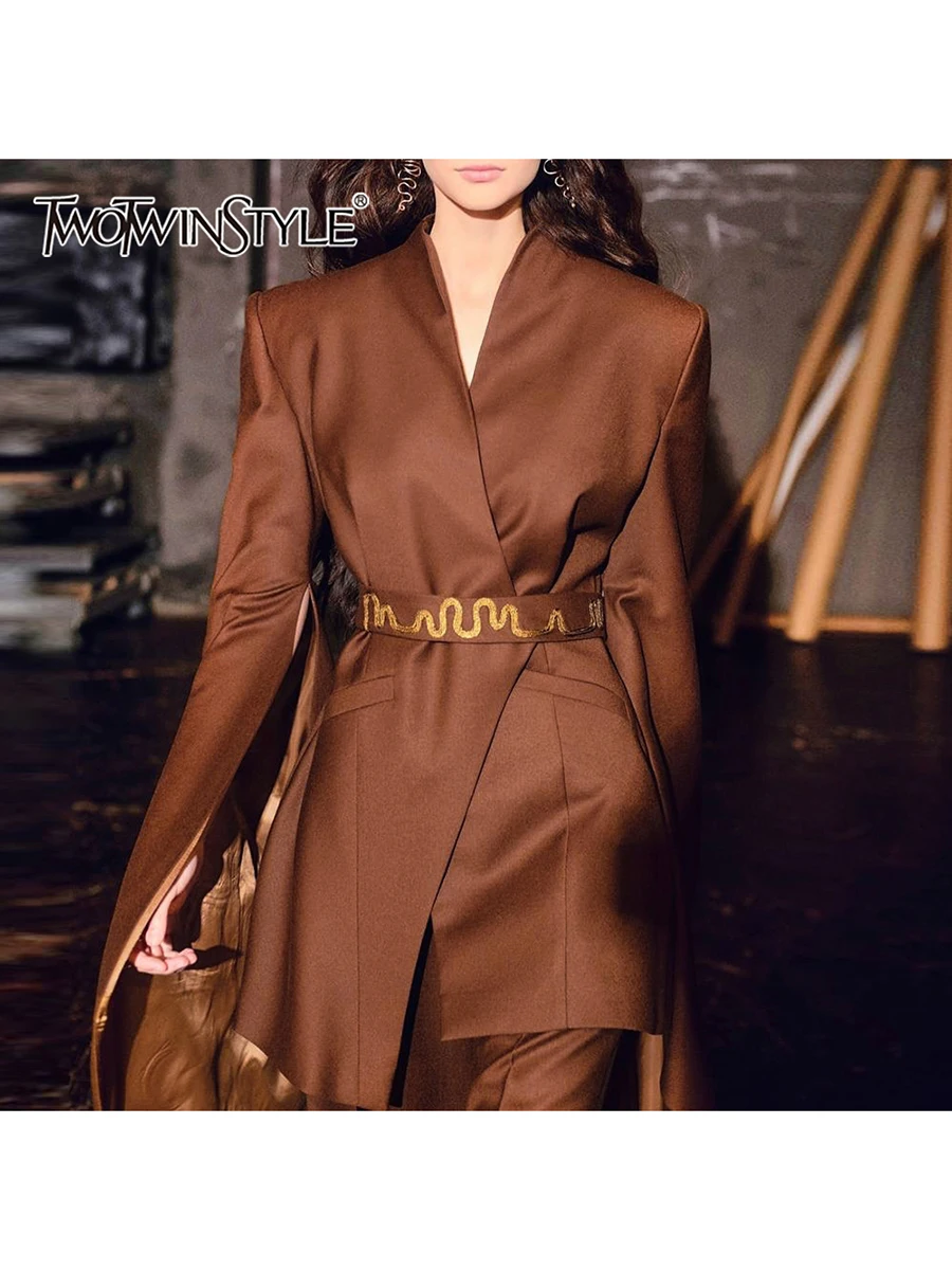 TWOTWINSTYLE Solid Slimming Spliced Embroidery Temperament Blazers Fo Women V Neck Long Sleeves Patchwork Lace Up Blazer Female