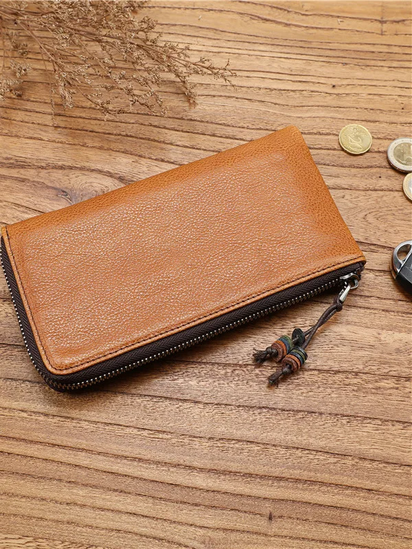 

Men's Retro Vegetable Tanned Full-Grain Leather Long Zip Wallet Large-Capacity Handbag Youth Wallet Student Wallet