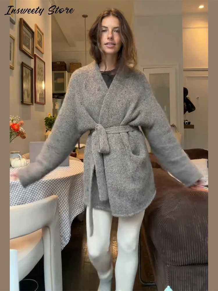 

Повседневный вязаный кардиган на шнуровке, женский однотонный мягкий модный теплый свитер с длинными рукавами, осень-зима 2022, женская шикарная верхняя одежда