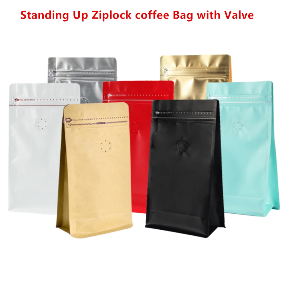 50pcs Colored Coffee Packaging Bags with Air Valve - Zipper Reseal Flat Bottom Stand Up Aluminum Foil Pouch with One-vent-valve