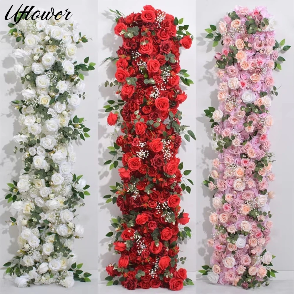 Uflower 1/2 m weiß rot Rose grün Blatt Tischläufer Sofa Boden Blumenarrangement Hochzeit Hintergrund Dekor Blumenreihe Event Requisiten