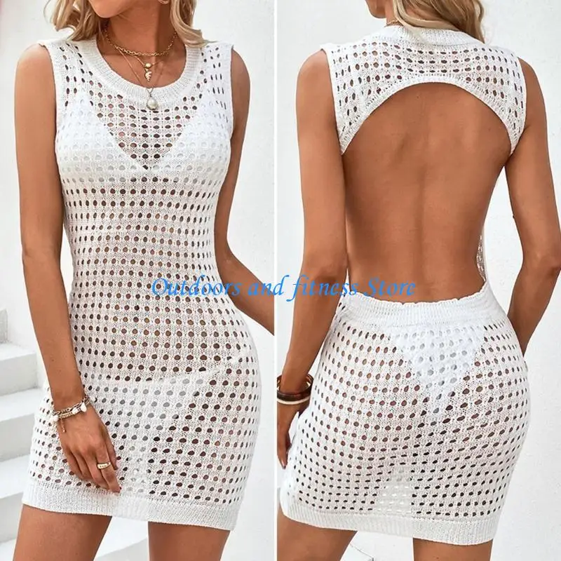 

H053 Women Crochet Sleeveless Dress Hollow-Out Swimwear O-neck Vacation Bikinis Cover