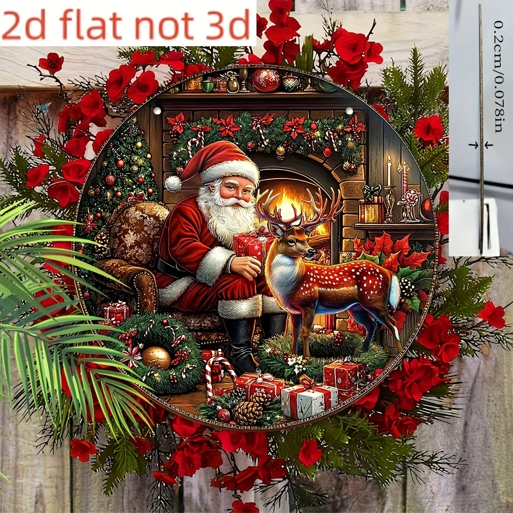 2D Flat - Classic 2D Santa Claus Fireplace Reindeer Wooden Christmas Decorations - 1 Cheerful Round Sign, Perfect for Hanging on