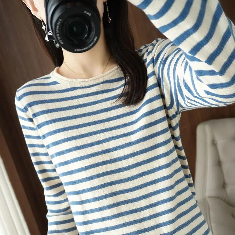 

Spring Autumn Women's Clothing Pullovers Sweaters Striped Contrasting Colors Jumpers Knitted Round Neck Loose Long Sleeve Casual