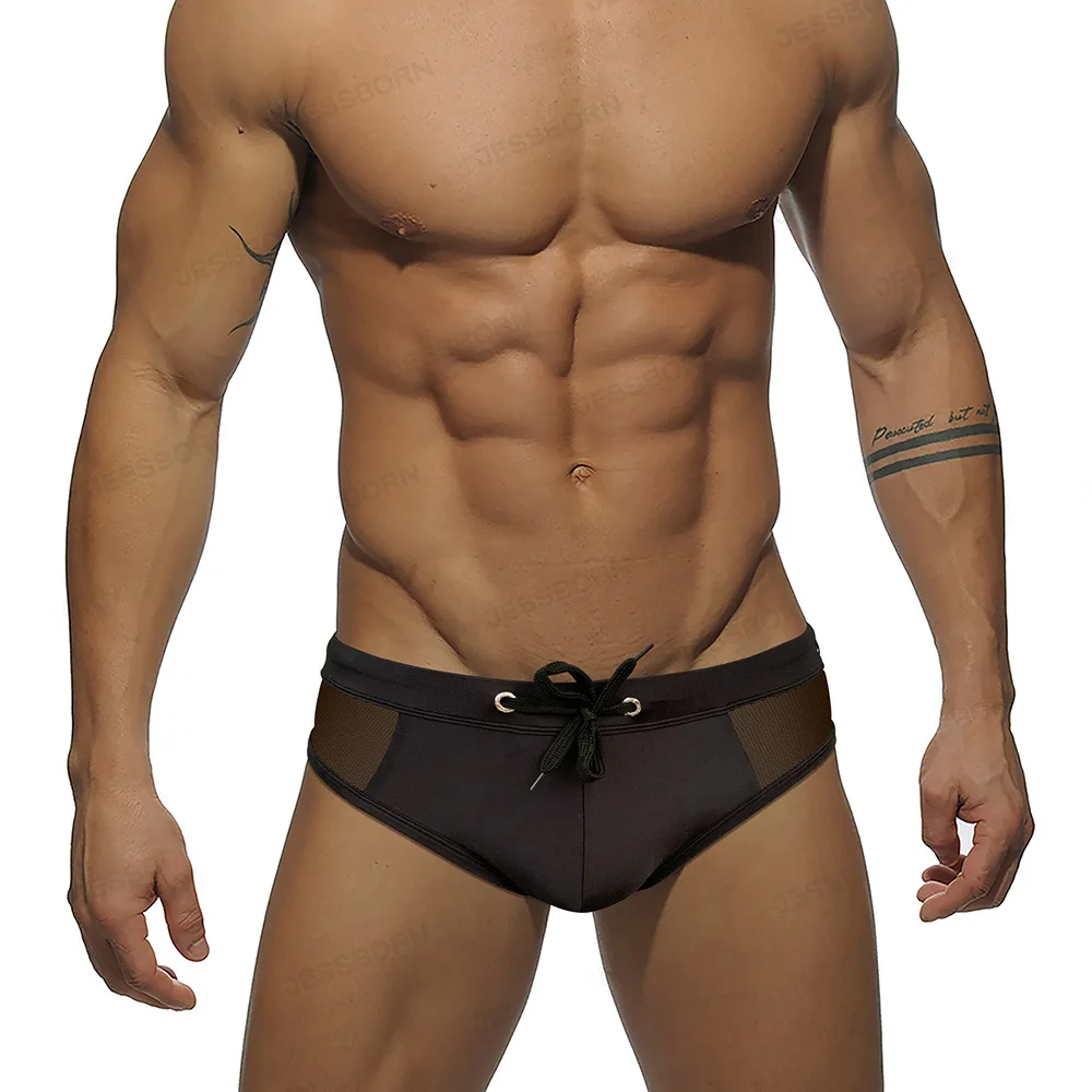 High Quality Mesh Spliced Men's Swimming Trunks Summer Swimwear Quick Dry Swimsuits Briefs Surffing Bathing Suit Beach Shorts