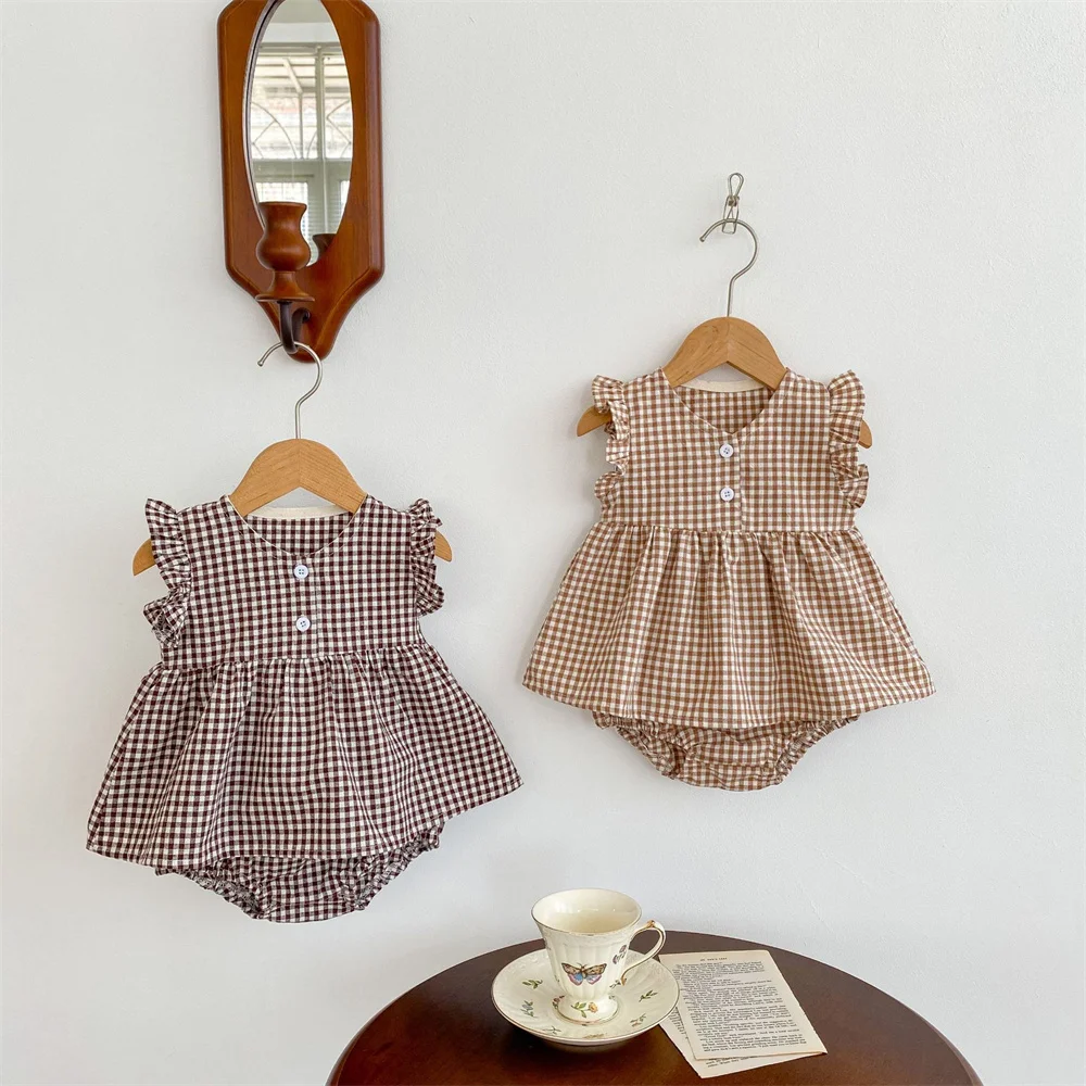 

Комплект одежды для маленьких девочек 0-24 месяцев, хаки/коричневый клетчатый жилет, рубашка и штаны из полипропилена, летний костюм для малышей, мягкая удобная одежда для малышей