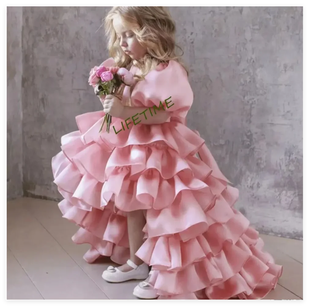 Flower Girl Dress Pink Fluffy Satin Lace Bow First Wedding Lovely Flower Children Communion Birthday Celebration Party Dress