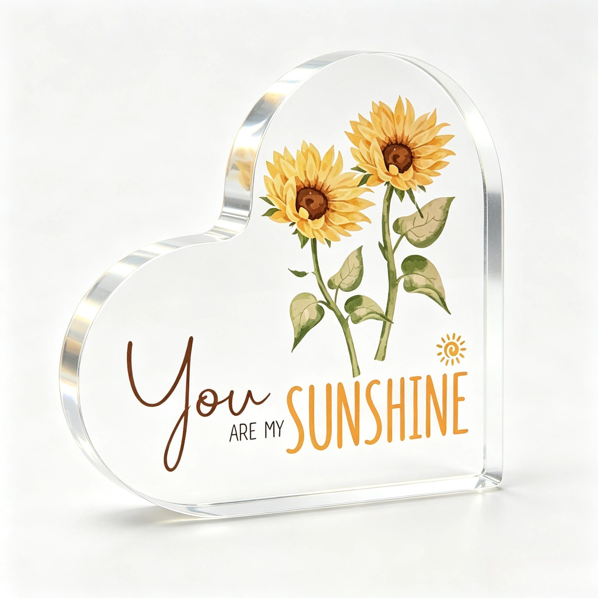 Pastel Pink Sunflower Graphic Heart‑Shaped Acrylic Ornament, Warm Home Tabletop Decor