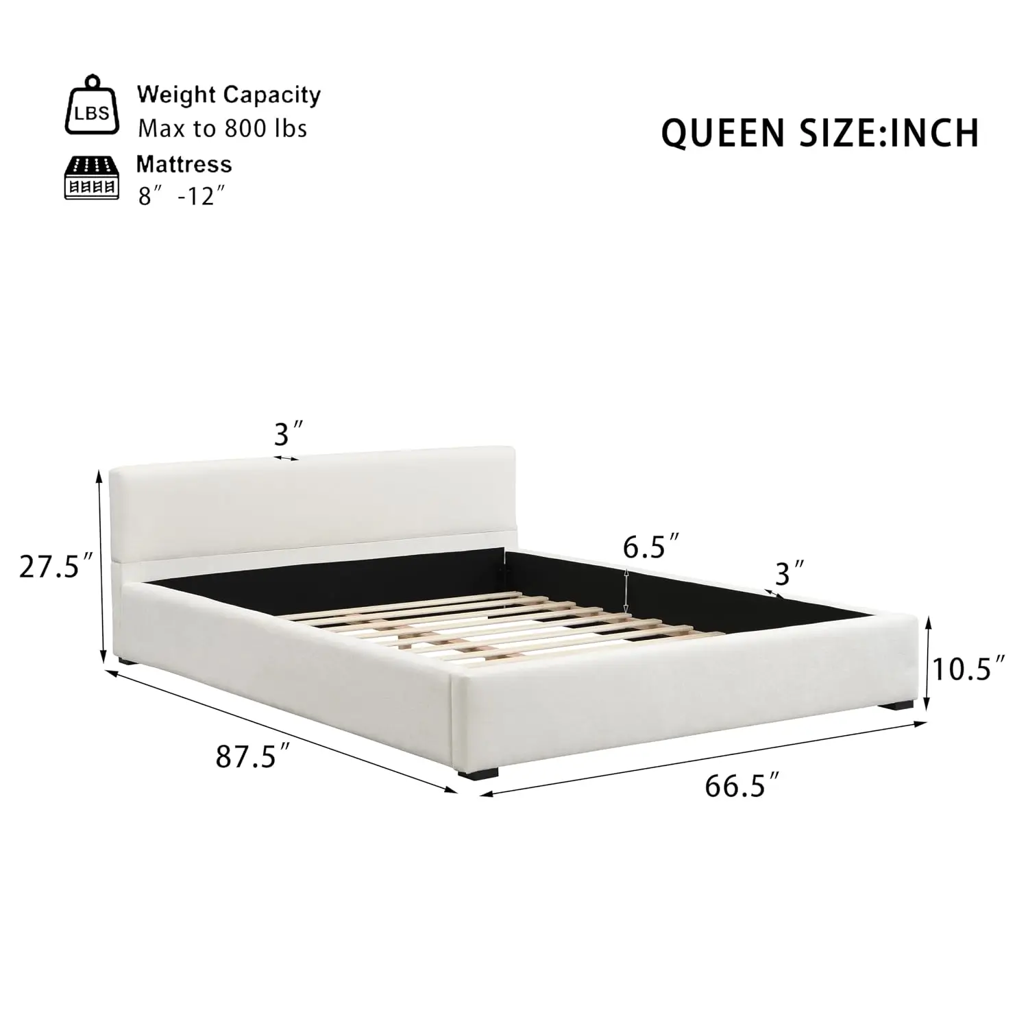 Queen Upholstered Platform Bed Wide Edge Wooden Slat Support No Box Spring Easy Assembly 800 lbs Modern Nordic Beige, Customized