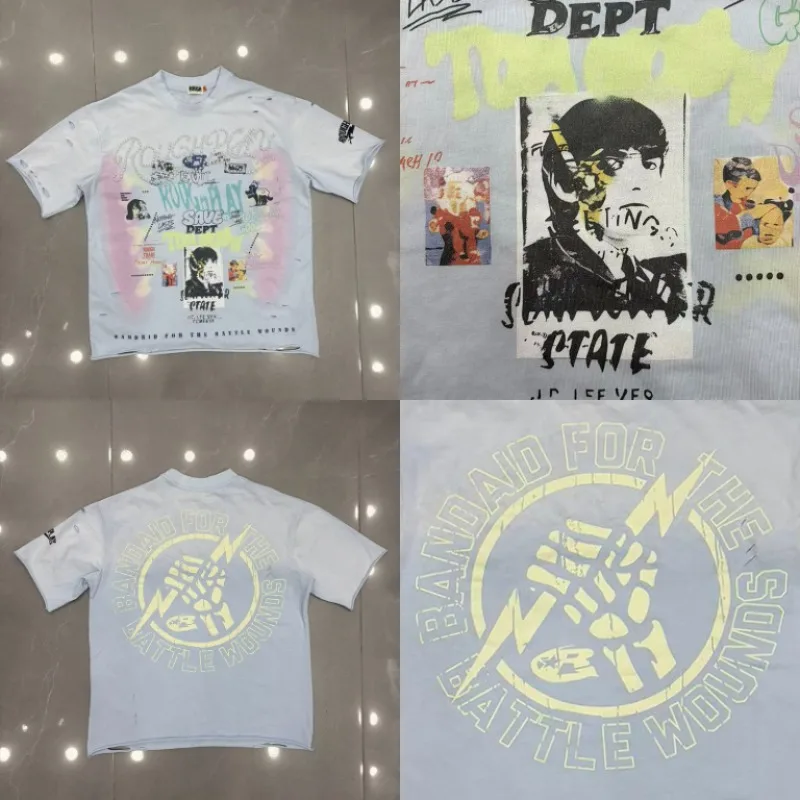 Rough Play Men Women Casual Light Blue Cutout T-shirt Pearl Letter Collage Art Graphic Tee