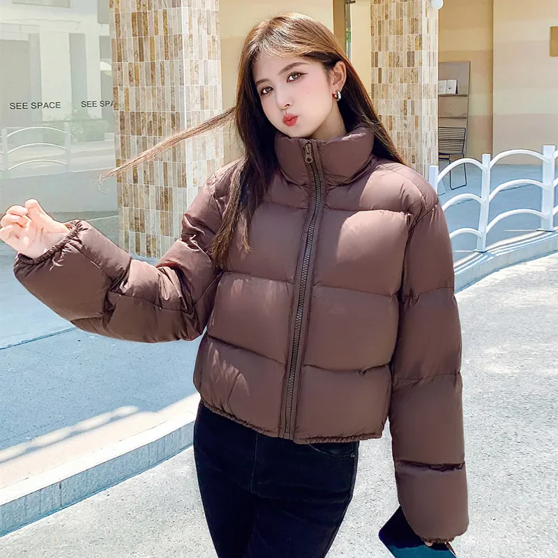 Women's Winter Cotton Jacket Loose Slim Warm Bread Clothing Short Zipper Monochromatic Coat Tops New 2024