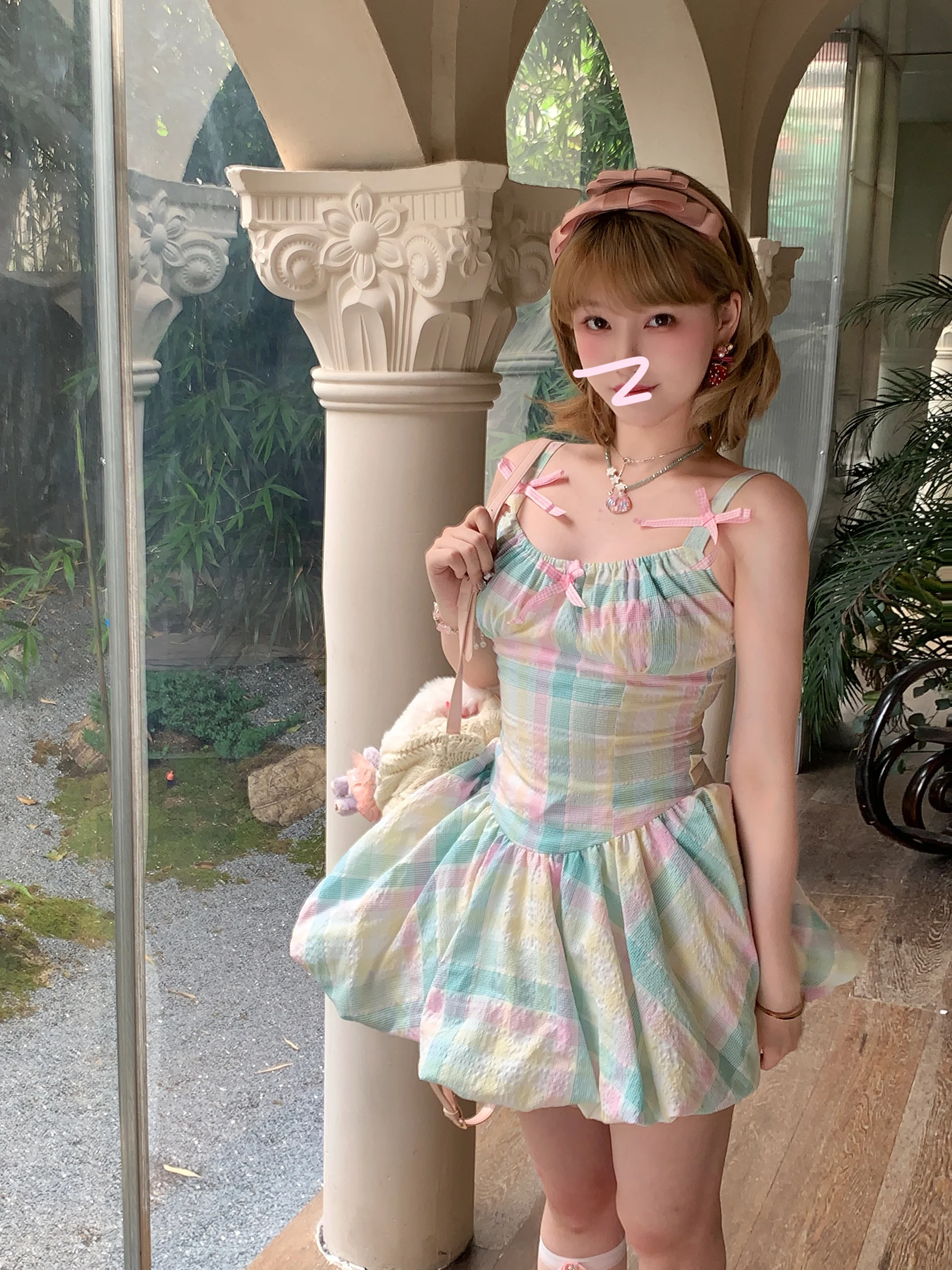 Mori Girl Original Cute Girl Rainbow Mini Dress Fairy Woman Sweet Suqare Collar High Waist Bow Colorful Plaid Slip Short Dresses