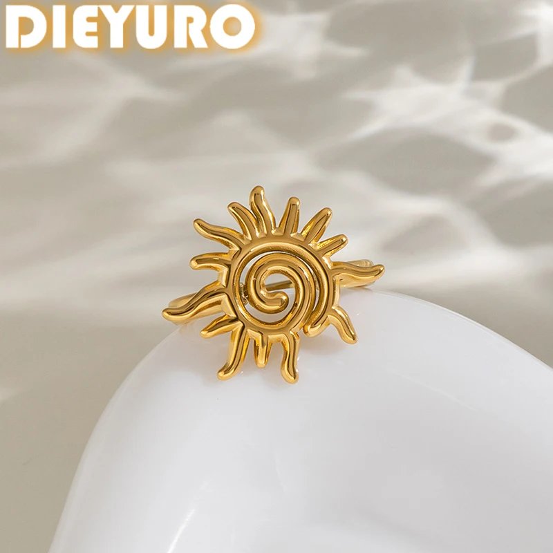DIEYURO 316L Stainless Steel Classic Spiral Sun Rings For Women Minimalist Golden Irregular Ring Fashion Waterproof Jewelry Gift
